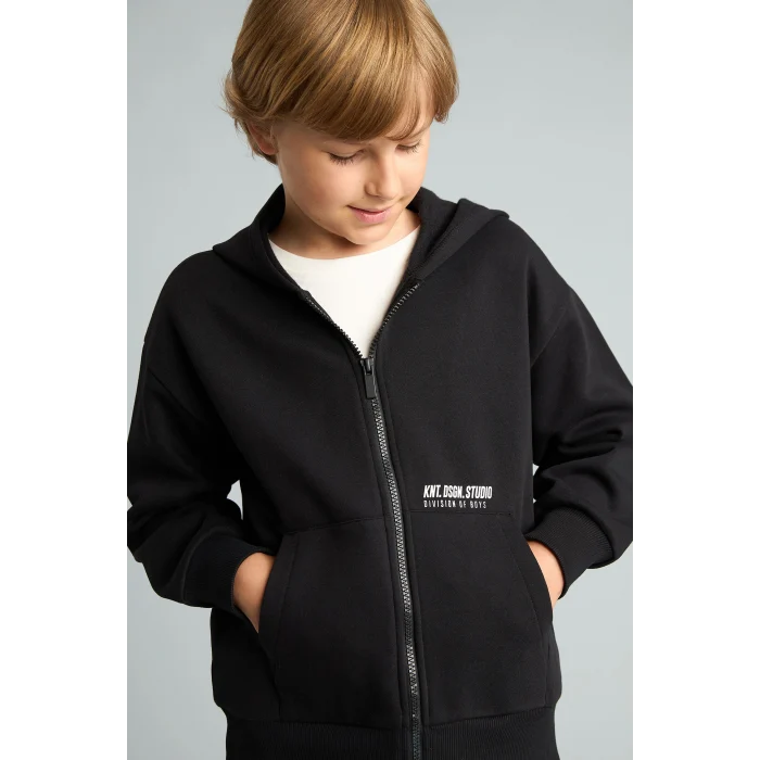 Defacto H9681A8BK81 Siyah Baskılı Kapüşonlu Fermuarlı Cepli Sweatshirt Hırka Erkek Çocuk
