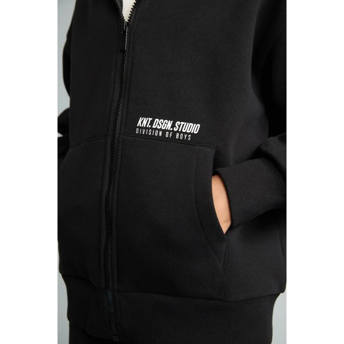 Defacto H9681A8BK81 Siyah Baskılı Kapüşonlu Fermuarlı Cepli Sweatshirt Hırka Erkek Çocuk