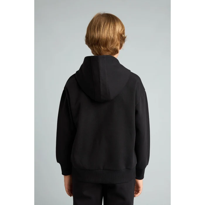 Defacto H9681A8BK81 Siyah Baskılı Kapüşonlu Fermuarlı Cepli Sweatshirt Hırka Erkek Çocuk