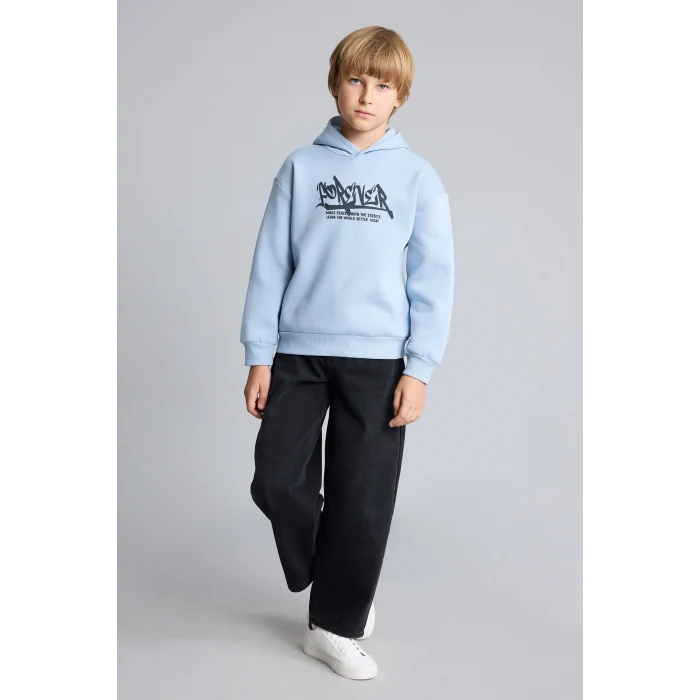Defacto I0112A8BE523 Mavi Oversize Kapüşonlu Önü Baskılı İçi Yumuşak Tüylü Sweatshirt Erkek Çocuk