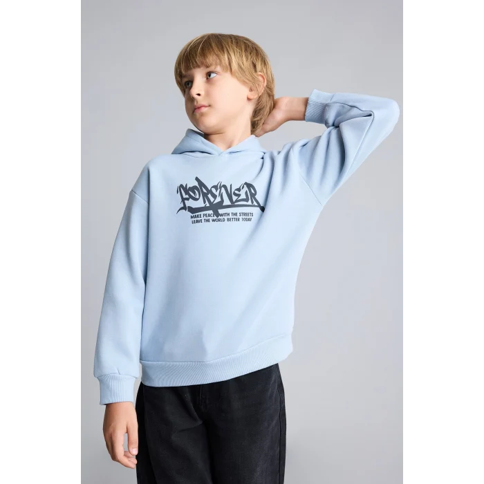 Defacto I0112A8BE523 Mavi Oversize Kapüşonlu Önü Baskılı İçi Yumuşak Tüylü Sweatshirt Erkek Çocuk
