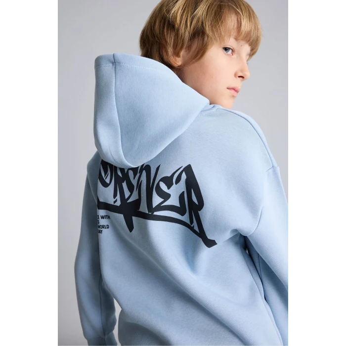 Defacto I0112A8BE523 Mavi Oversize Kapüşonlu Önü Baskılı İçi Yumuşak Tüylü Sweatshirt Erkek Çocuk