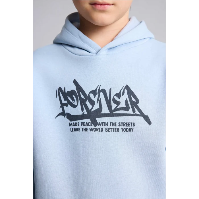 Defacto I0112A8BE523 Mavi Oversize Kapüşonlu Önü Baskılı İçi Yumuşak Tüylü Sweatshirt Erkek Çocuk