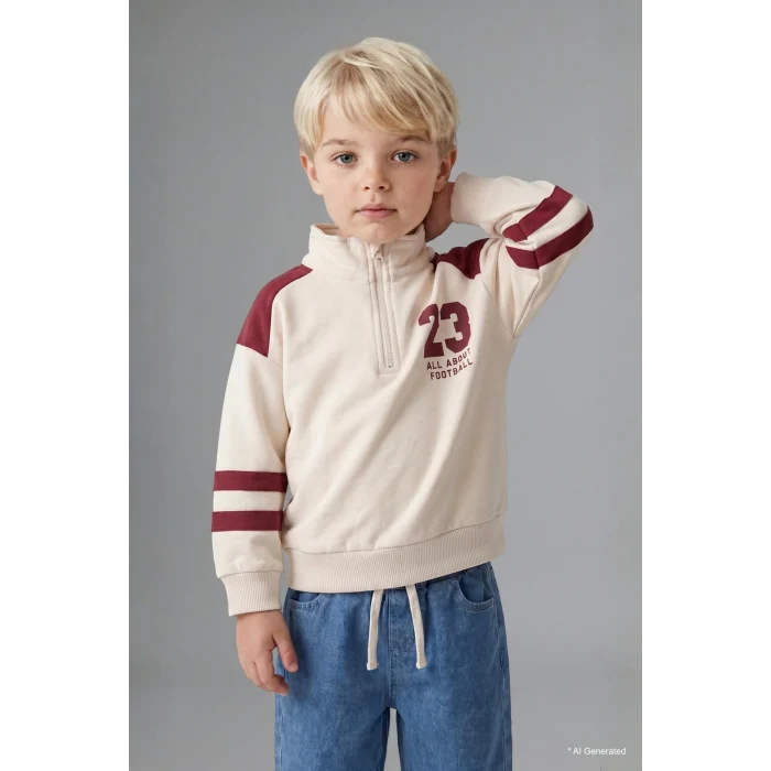 Defacto I0614A5ER98 Ekru Dik Yaka Fermuarlı Baskılı Sweatshirt Üst Jean Pantolon 2li Takım Erkek Bebek