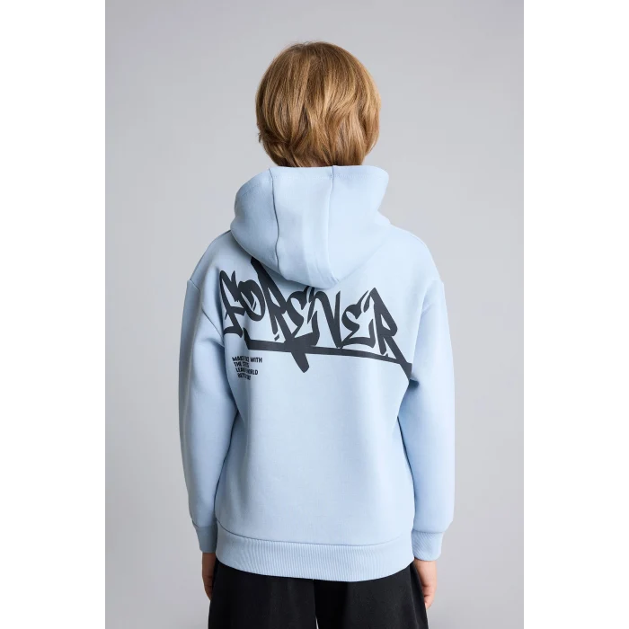 Defacto I0112A8BE523 Mavi Oversize Kapüşonlu Önü Baskılı İçi Yumuşak Tüylü Sweatshirt Erkek Çocuk