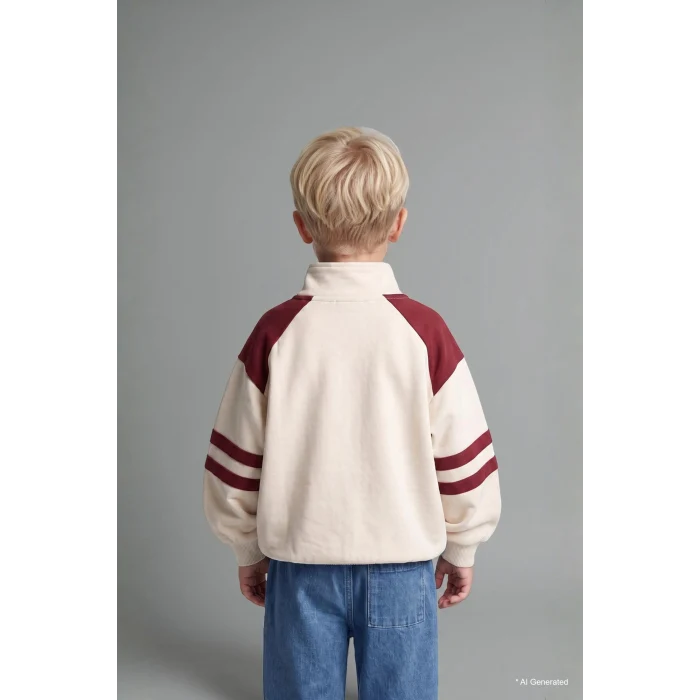 Defacto I0614A5ER98 Ekru Dik Yaka Fermuarlı Baskılı Sweatshirt Üst Jean Pantolon 2li Takım Erkek Bebek