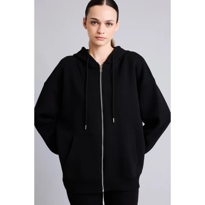 Defacto I2413AXBK81 Siyah Oversıze Kapüşonlu Kalın Sweatshirt Kumaşı Hırka