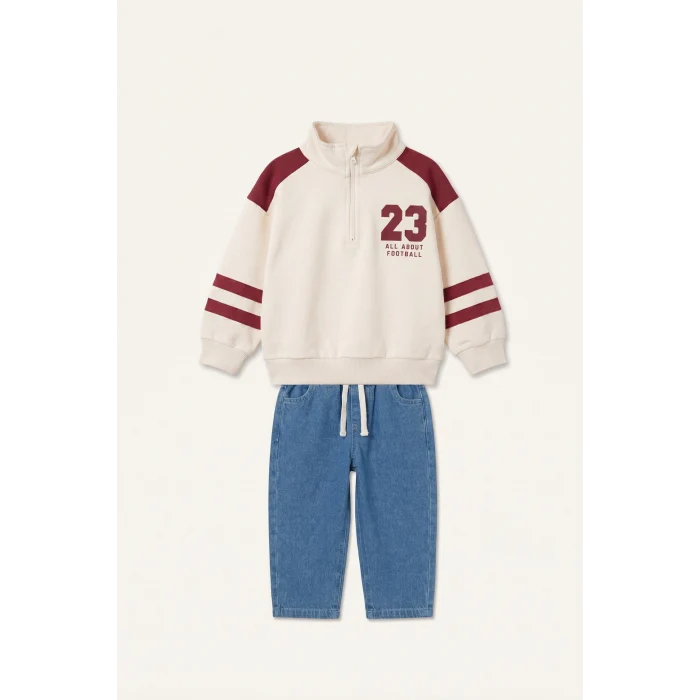 Defacto I0614A5ER98 Ekru Dik Yaka Fermuarlı Baskılı Sweatshirt Üst Jean Pantolon 2li Takım Erkek Bebek