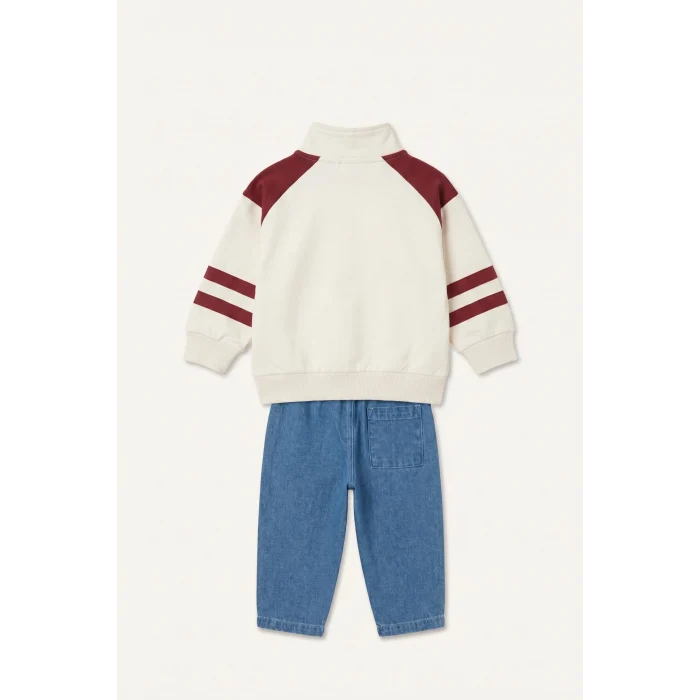 Defacto I0614A5ER98 Ekru Dik Yaka Fermuarlı Baskılı Sweatshirt Üst Jean Pantolon 2li Takım Erkek Bebek