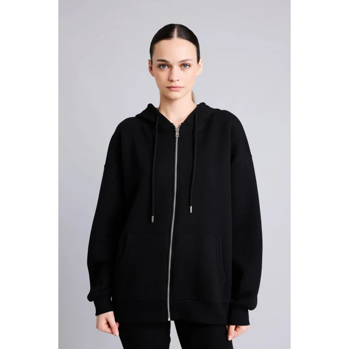 Defacto I2413AXBK81 Siyah Oversıze Kapüşonlu Kalın Sweatshirt Kumaşı Hırka
