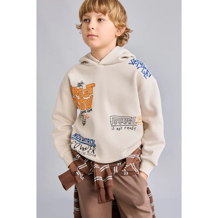 Defacto I0112A8BG74 Bej Oversize Kapüşonlu Önü Baskılı İçi Yumuşak Tüylü Sweatshirt Erkek Çocuk