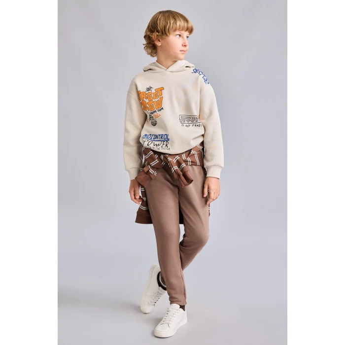 Defacto I0112A8BG74 Bej Oversize Kapüşonlu Önü Baskılı İçi Yumuşak Tüylü Sweatshirt Erkek Çocuk