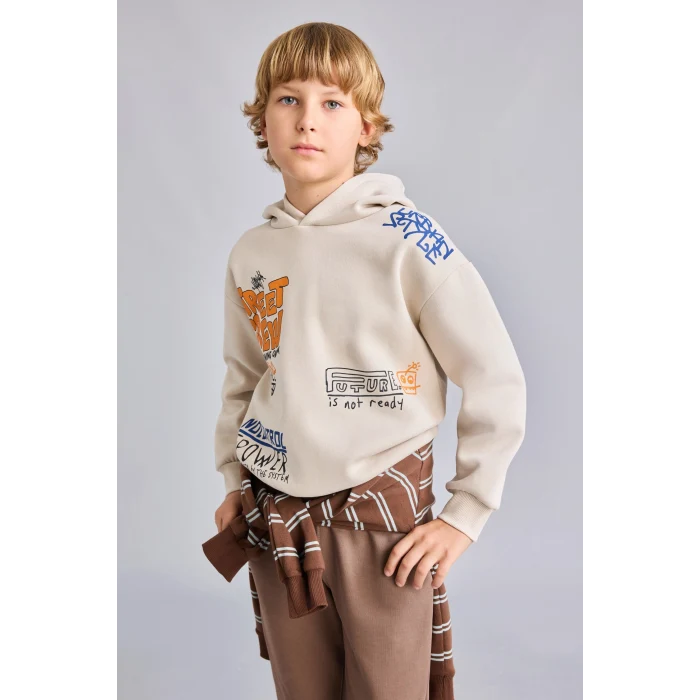 Defacto I0112A8BG74 Bej Oversize Kapüşonlu Önü Baskılı İçi Yumuşak Tüylü Sweatshirt Erkek Çocuk