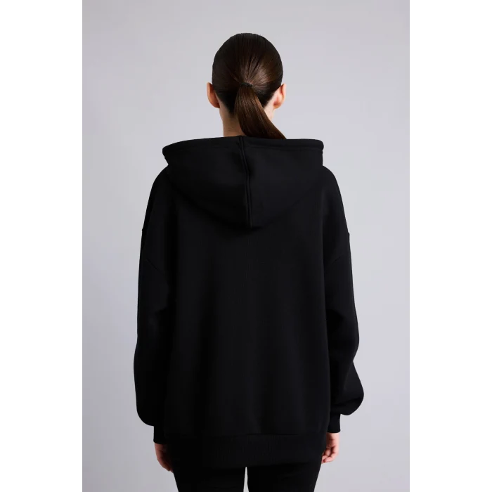 Defacto I2413AXBK81 Siyah Oversıze Kapüşonlu Kalın Sweatshirt Kumaşı Hırka