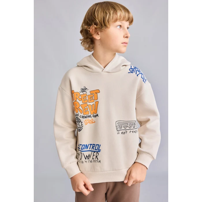 Defacto I0112A8BG74 Bej Oversize Kapüşonlu Önü Baskılı İçi Yumuşak Tüylü Sweatshirt Erkek Çocuk