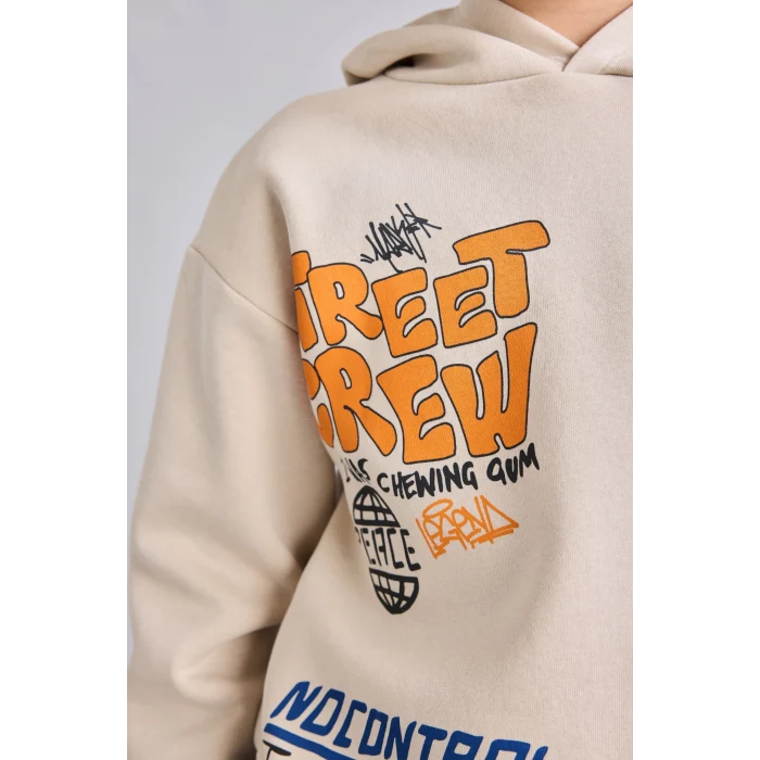 Defacto I0112A8BG74 Bej Oversize Kapüşonlu Önü Baskılı İçi Yumuşak Tüylü Sweatshirt Erkek Çocuk