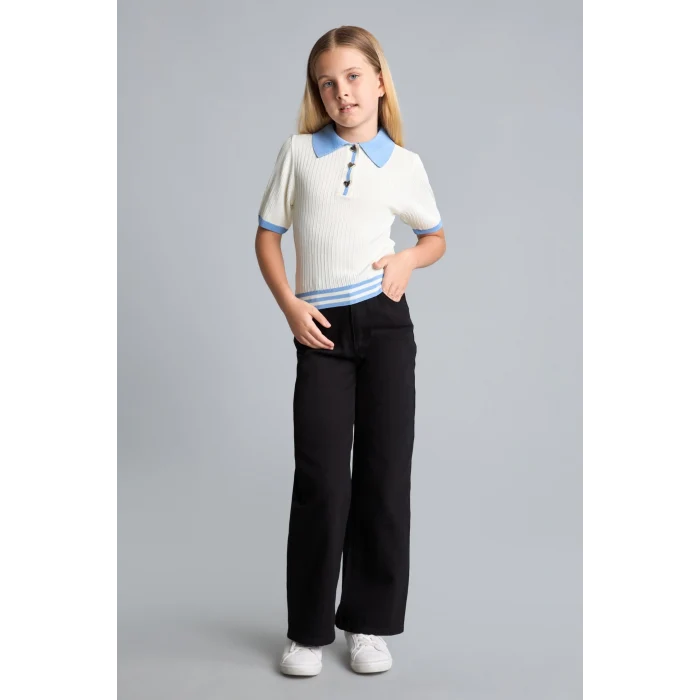 Defacto H9668A8BK27 Siyah %100 Pamuk Wide Leg Düz Paça Cepli Gabardin Pantolon Kız Çocuk