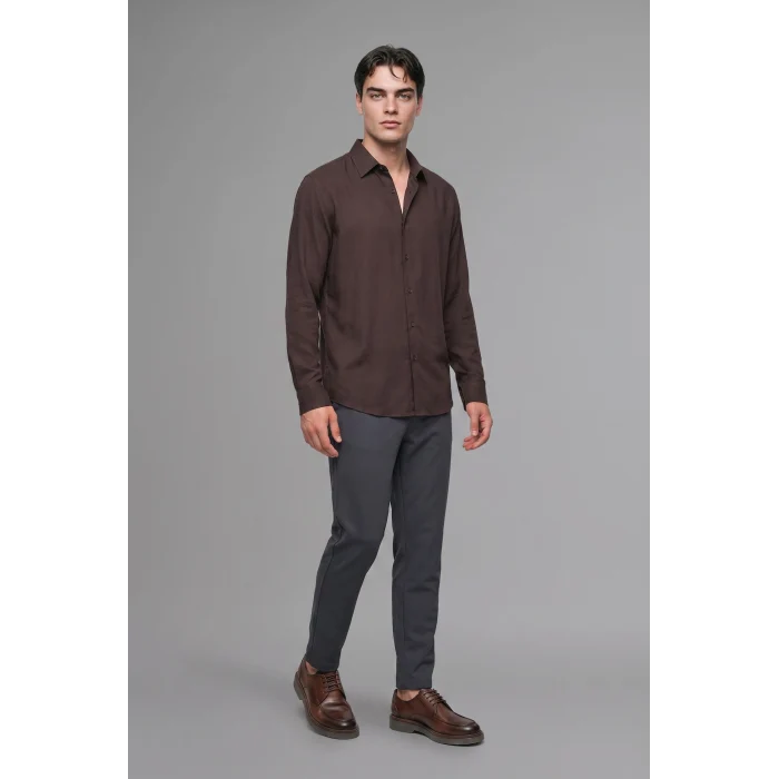 Defacto H5254AXBN192 Kahve Regular Fit Polo Yaka Modal Uzun Kollu Gömlek