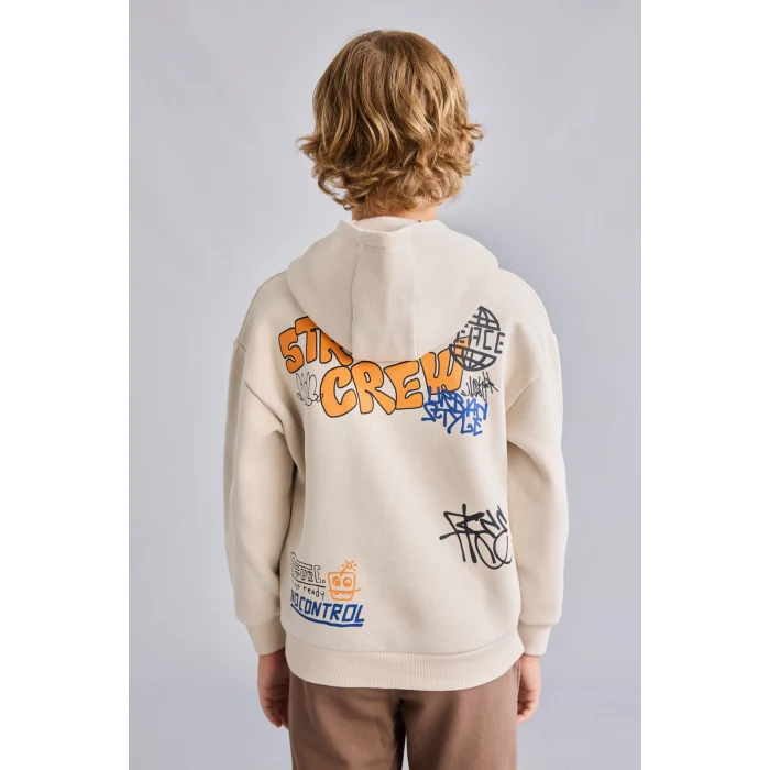 Defacto I0112A8BG74 Bej Oversize Kapüşonlu Önü Baskılı İçi Yumuşak Tüylü Sweatshirt Erkek Çocuk