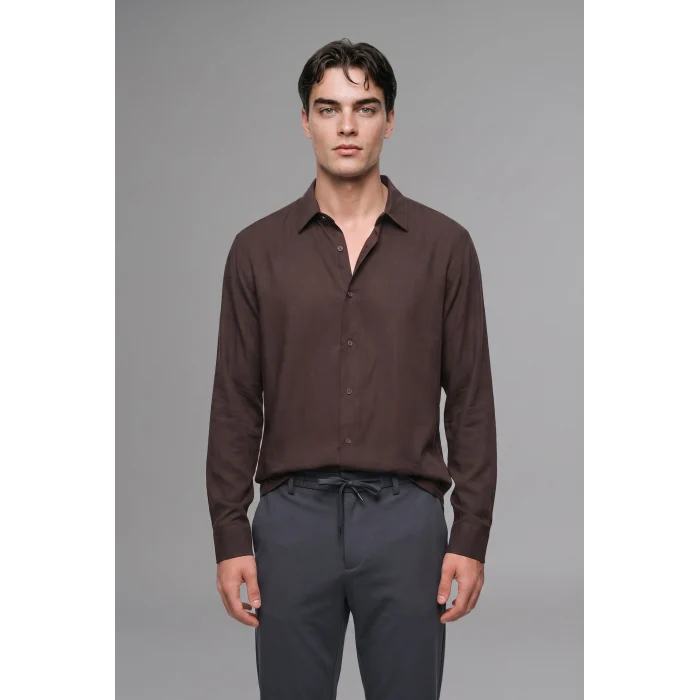 Defacto H5254AXBN192 Kahve Regular Fit Polo Yaka Modal Uzun Kollu Gömlek