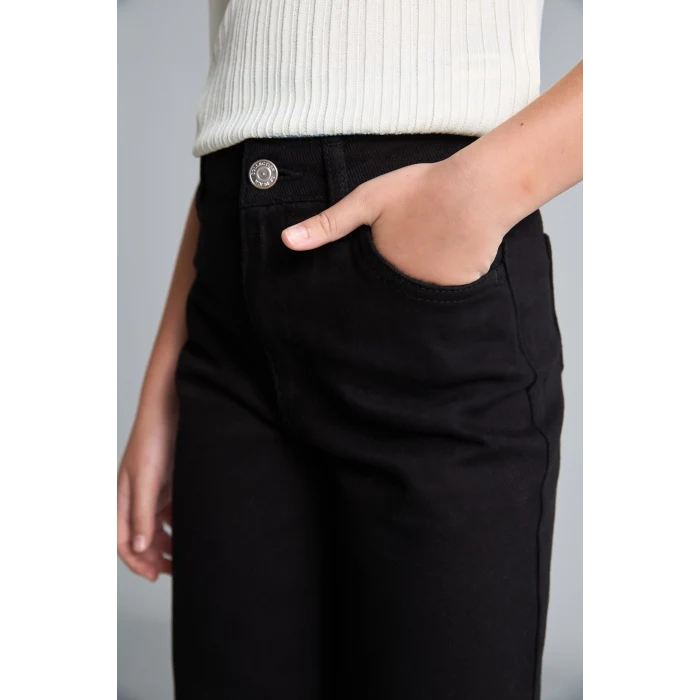 Defacto H9668A8BK27 Siyah %100 Pamuk Wide Leg Düz Paça Cepli Gabardin Pantolon Kız Çocuk