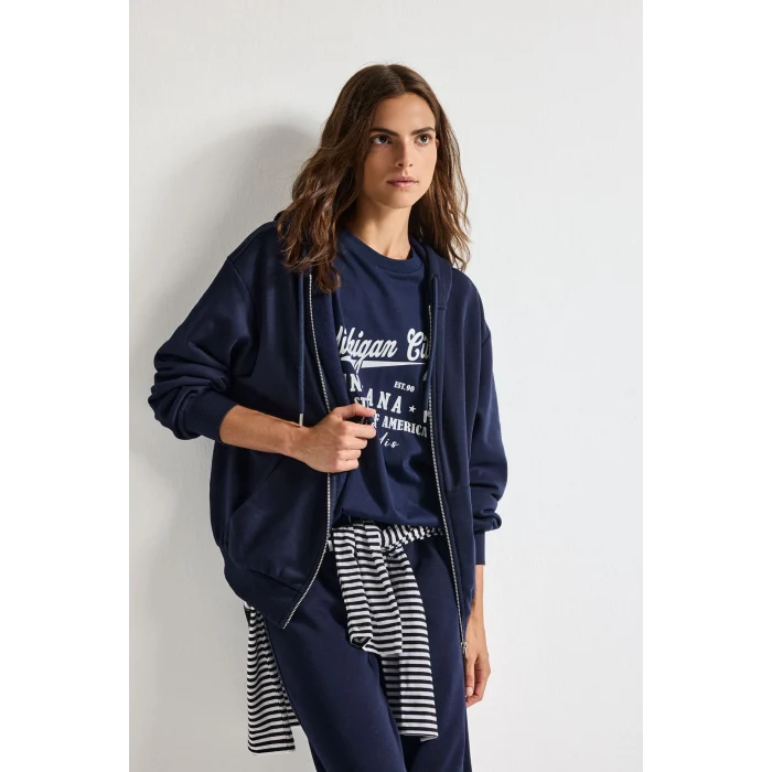 Defacto C1809AXNV251 Lacivert Relax Fıt Kapüşonlu Basıc Düz Kalın Sweatshirt Kumaşı Hırka