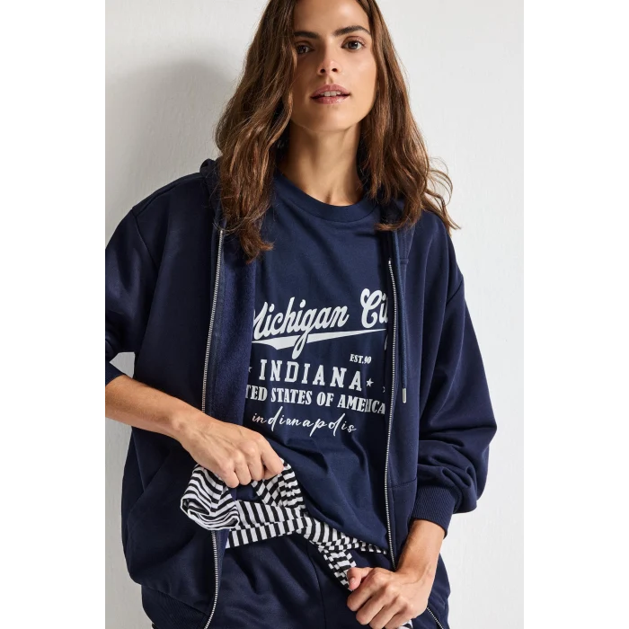 Defacto C1809AXNV251 Lacivert Relax Fıt Kapüşonlu Basıc Düz Kalın Sweatshirt Kumaşı Hırka