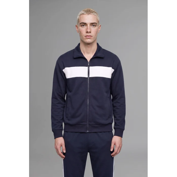 Defacto I0631AXNV146 Lacivert Boxy Fit Polo Yaka Fermuarlı Şeritli Sweatshirt Hırka