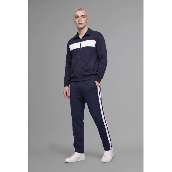 Defacto I0631AXNV146 Lacivert Boxy Fit Polo Yaka Fermuarlı Şeritli Sweatshirt Hırka