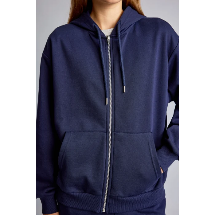 Defacto C1809AXNV251 Lacivert Relax Fıt Kapüşonlu Basıc Düz Kalın Sweatshirt Kumaşı Hırka