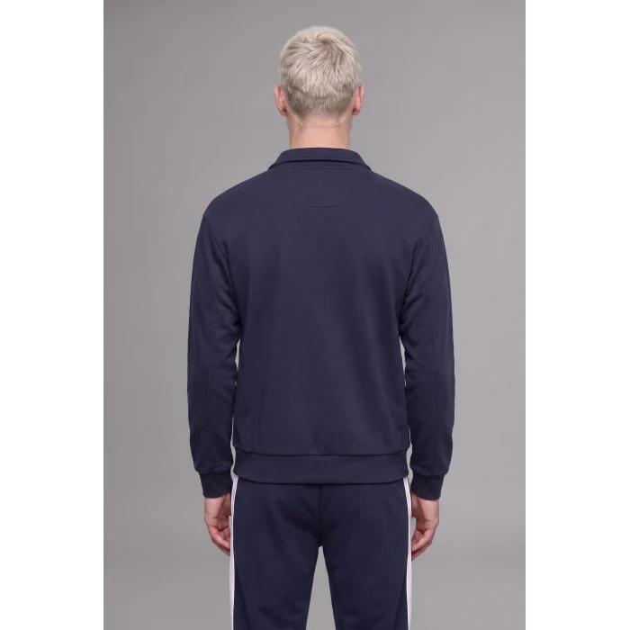 Defacto I0631AXNV146 Lacivert Boxy Fit Polo Yaka Fermuarlı Şeritli Sweatshirt Hırka
