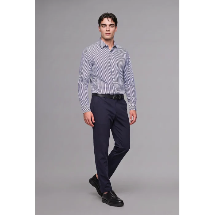 Defacto D6003AXWT34 Beyaz Modern Fit Polo Yaka Çizgili Kırışık Dokulu Uzun Kollu Gömlek