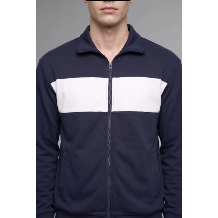 Defacto I0631AXNV146 Lacivert Boxy Fit Polo Yaka Fermuarlı Şeritli Sweatshirt Hırka
