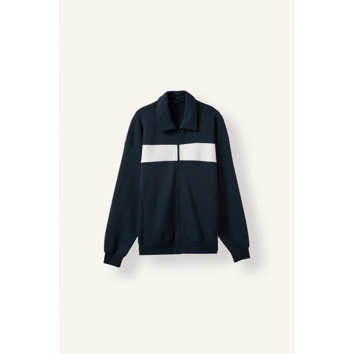 Defacto I0631AXNV146 Lacivert Boxy Fit Polo Yaka Fermuarlı Şeritli Sweatshirt Hırka