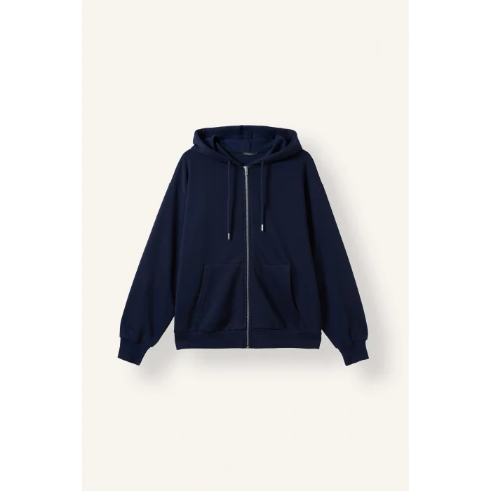 Defacto C1809AXNV251 Lacivert Relax Fıt Kapüşonlu Basıc Düz Kalın Sweatshirt Kumaşı Hırka
