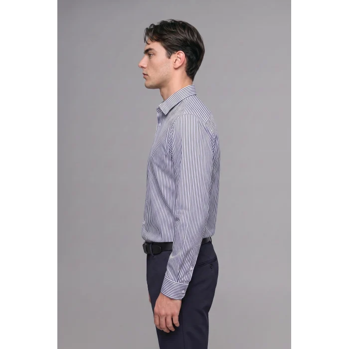 Defacto D6003AXWT34 Beyaz Modern Fit Polo Yaka Çizgili Kırışık Dokulu Uzun Kollu Gömlek