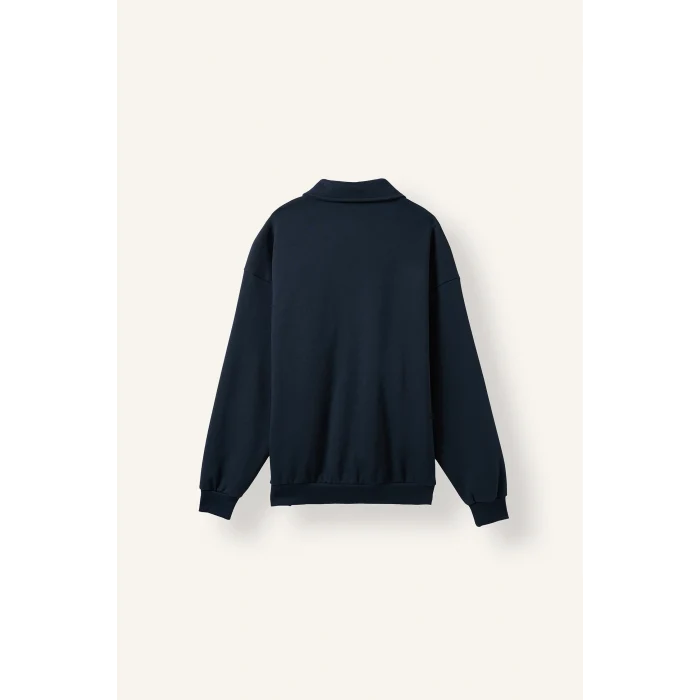 Defacto I0631AXNV146 Lacivert Boxy Fit Polo Yaka Fermuarlı Şeritli Sweatshirt Hırka