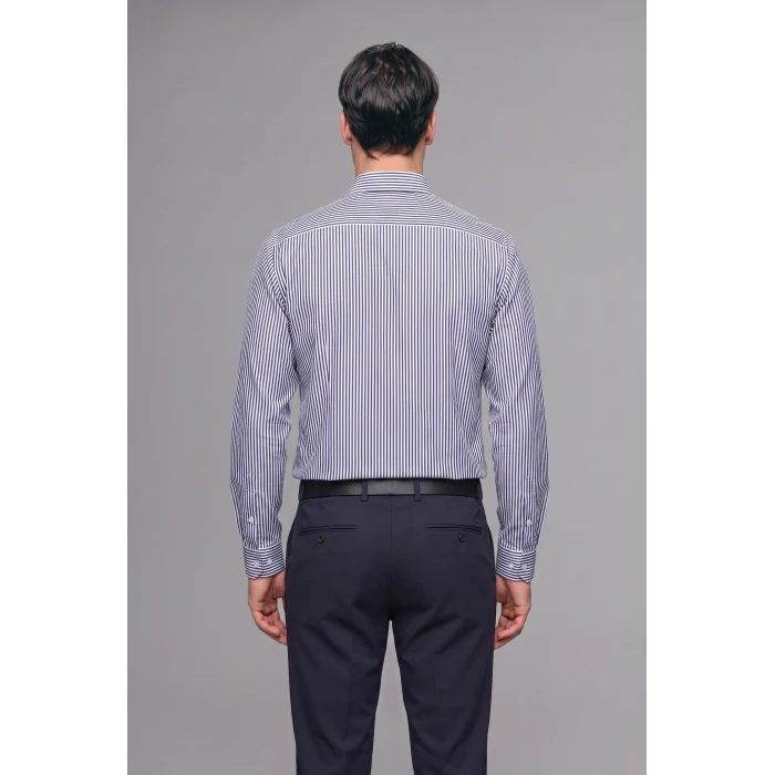 Defacto D6003AXWT34 Beyaz Modern Fit Polo Yaka Çizgili Kırışık Dokulu Uzun Kollu Gömlek