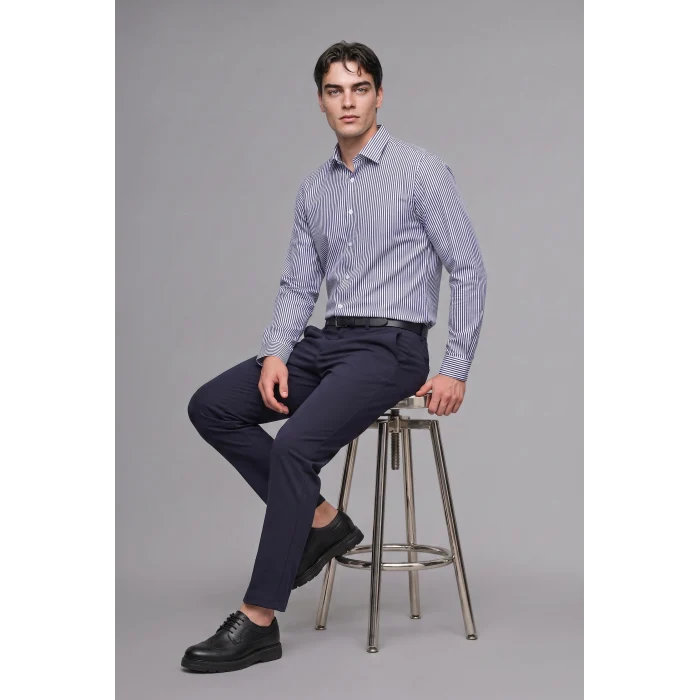 Defacto D6003AXWT34 Beyaz Modern Fit Polo Yaka Çizgili Kırışık Dokulu Uzun Kollu Gömlek