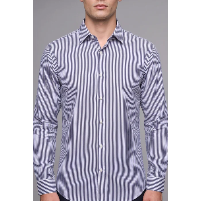 Defacto D6003AXWT34 Beyaz Modern Fit Polo Yaka Çizgili Kırışık Dokulu Uzun Kollu Gömlek