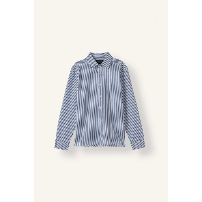 Defacto D6003AXWT34 Beyaz Modern Fit Polo Yaka Çizgili Kırışık Dokulu Uzun Kollu Gömlek