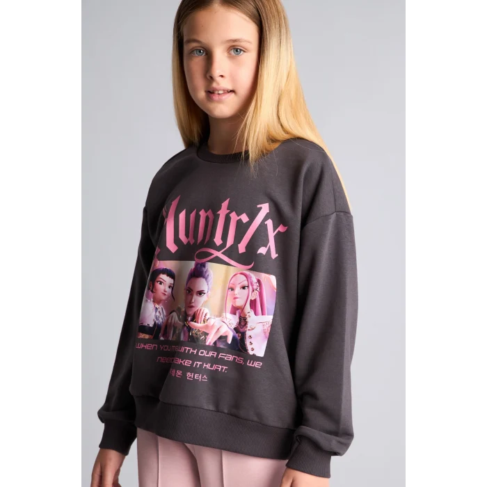 Defacto I3550A8AR150 Antrasit Kpop - Demon Hunters Relax Fıt Bisiklet Yaka Baskılı Sweatshirt Kız Çocuk