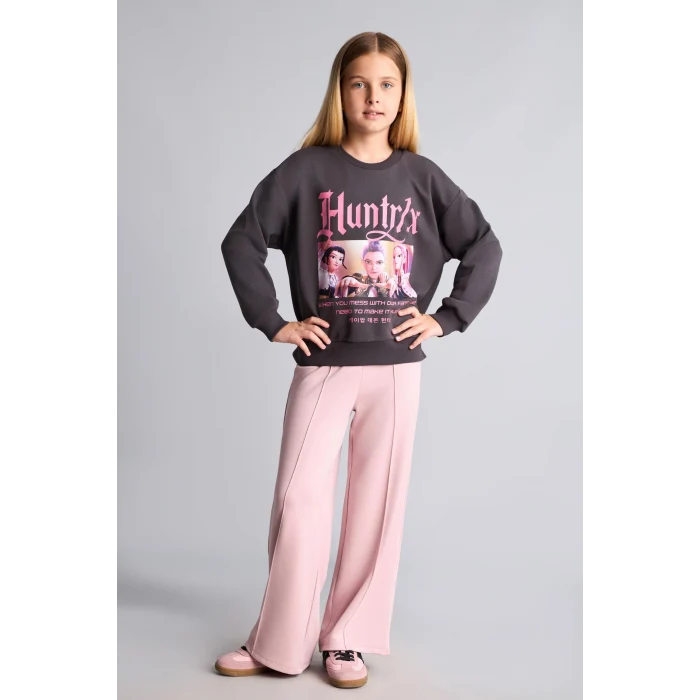 Defacto I3550A8AR150 Antrasit Kpop - Demon Hunters Relax Fıt Bisiklet Yaka Baskılı Sweatshirt Kız Çocuk