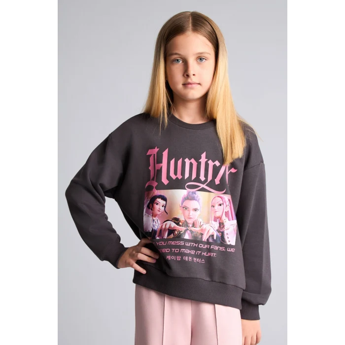 Defacto I3550A8AR150 Antrasit Kpop - Demon Hunters Relax Fıt Bisiklet Yaka Baskılı Sweatshirt Kız Çocuk