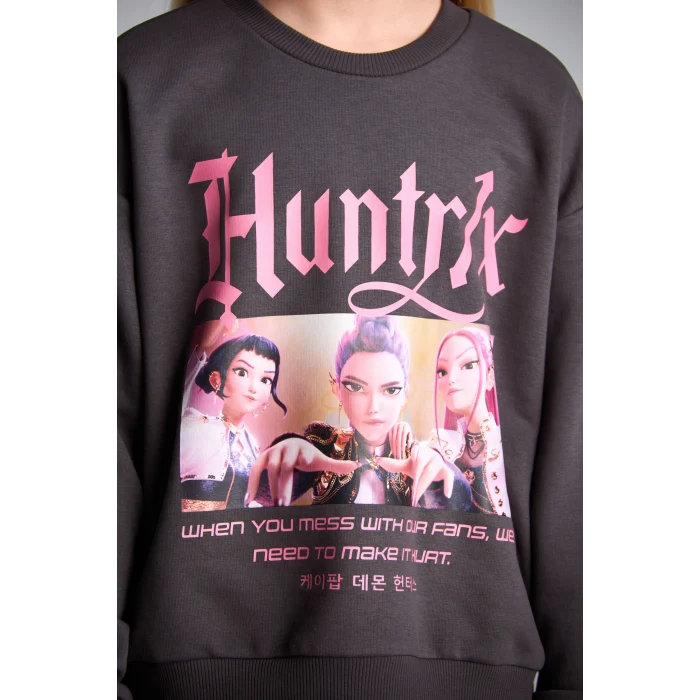 Defacto I3550A8AR150 Antrasit Kpop - Demon Hunters Relax Fıt Bisiklet Yaka Baskılı Sweatshirt Kız Çocuk