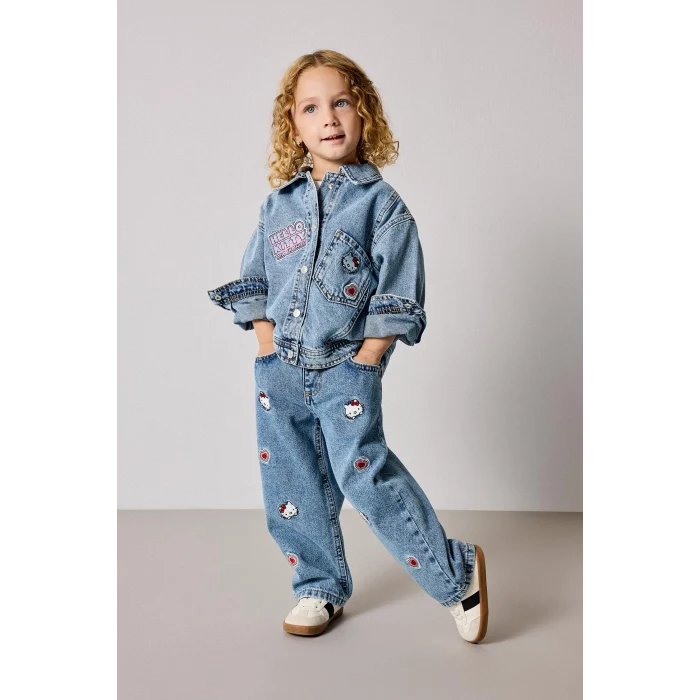 Defacto I1183A5NM28 Mavi Hello Kitty Nakışlı Beli Lastikli Barrel Fit Geniş Paça Jean Pantolon Kız Bebek
