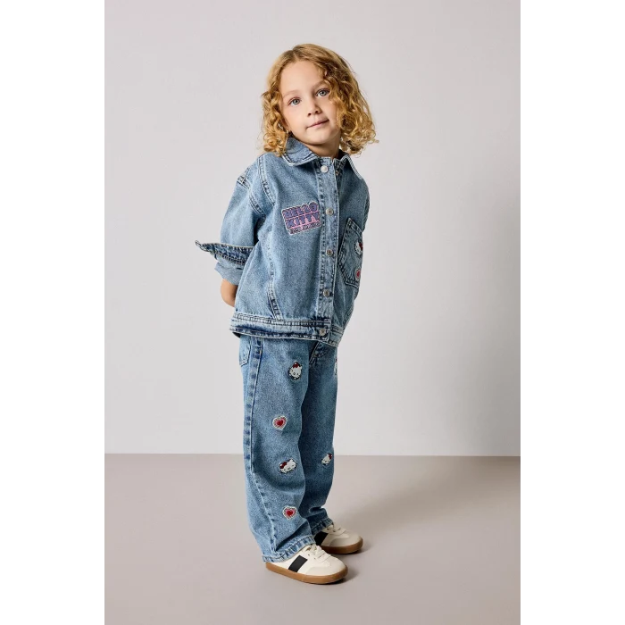 Defacto I1183A5NM28 Mavi Hello Kitty Nakışlı Beli Lastikli Barrel Fit Geniş Paça Jean Pantolon Kız Bebek