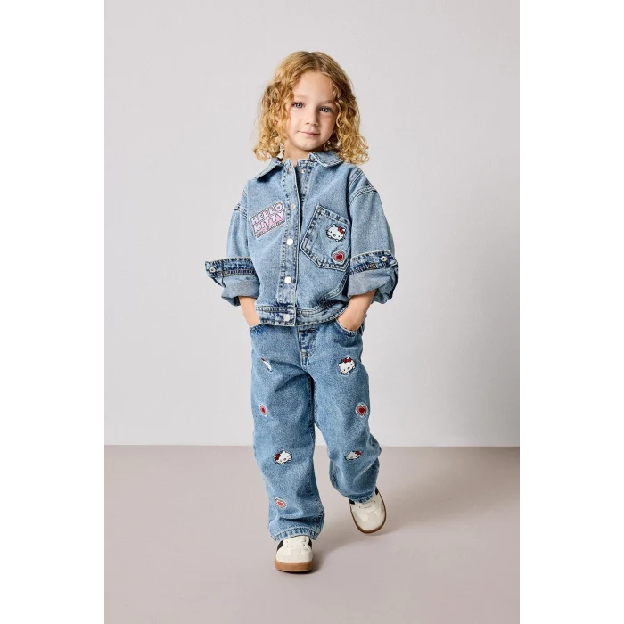 Defacto I1183A5NM28 Mavi Hello Kitty Nakışlı Beli Lastikli Barrel Fit Geniş Paça Jean Pantolon Kız Bebek