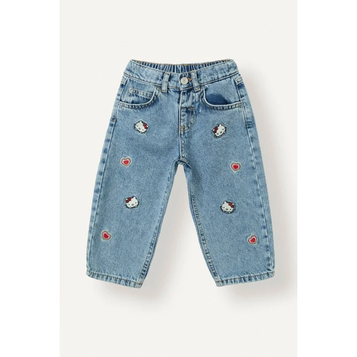 Defacto I1183A5NM28 Mavi Hello Kitty Nakışlı Beli Lastikli Barrel Fit Geniş Paça Jean Pantolon Kız Bebek