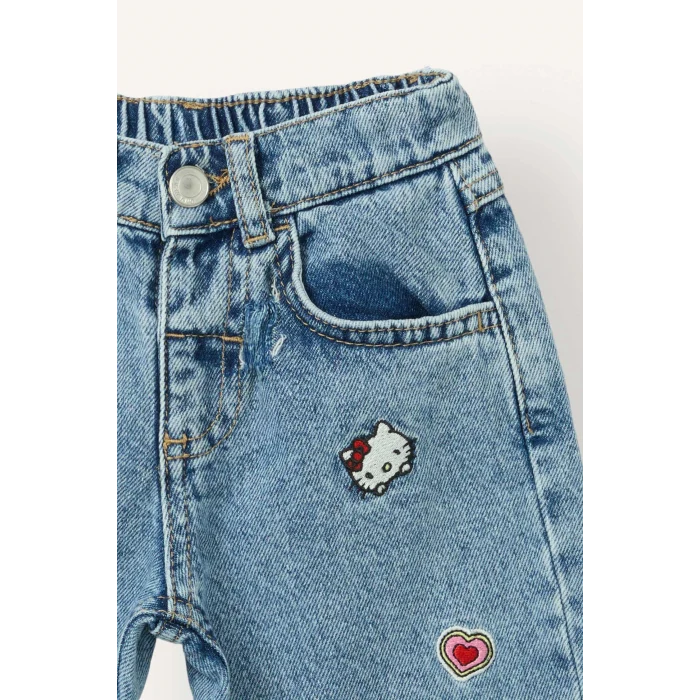 Defacto I1183A5NM28 Mavi Hello Kitty Nakışlı Beli Lastikli Barrel Fit Geniş Paça Jean Pantolon Kız Bebek